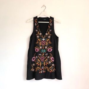 Linjia Shop Black Multicolor Floral Embroidered V-Neck Dress Size Medium Boho